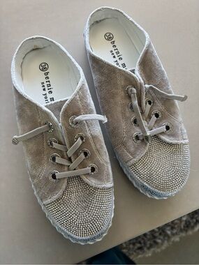 bernie mev. Taupe Velvet Rhinestone Toe Lace-Up Flats
